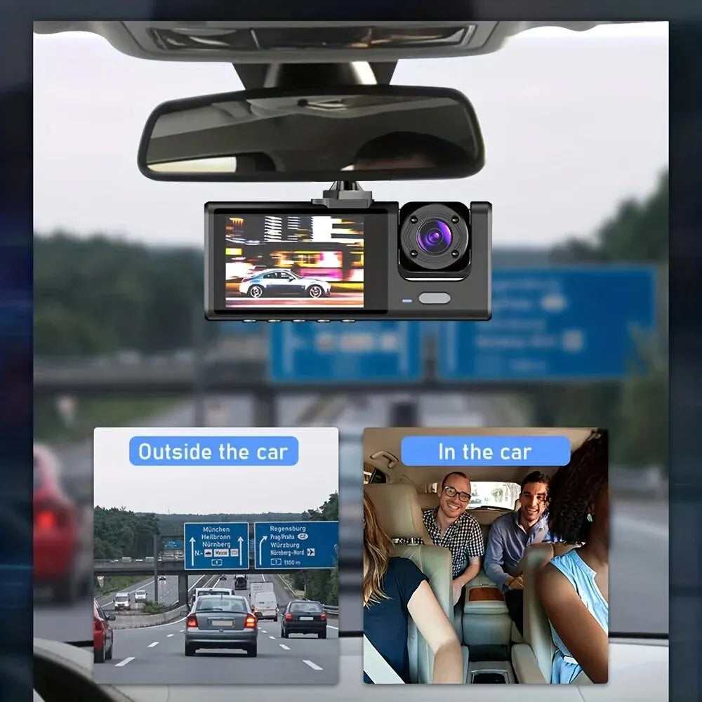 Dashcam 3 Caméras IR – Vision Nocturne, Écran IPS 2", 1080P, Enregistrement en Boucle