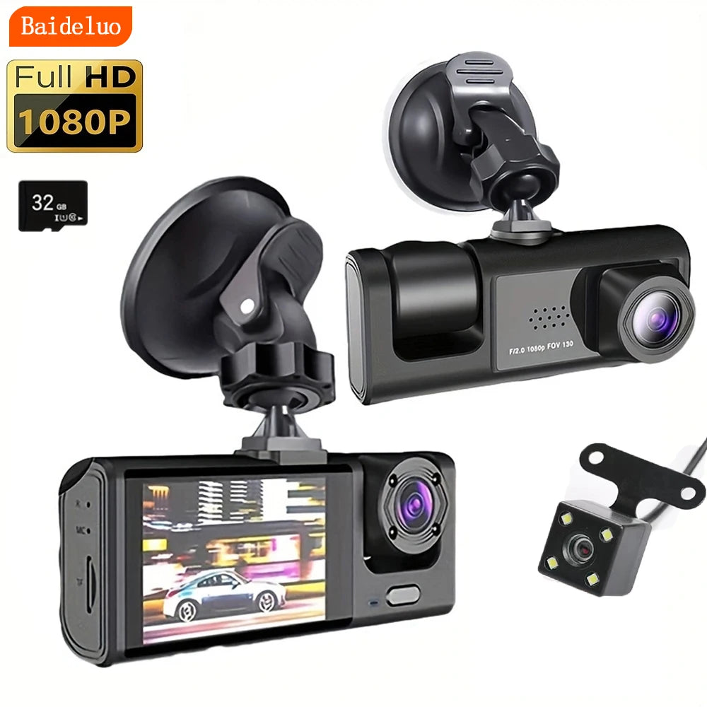 Dashcam 3 Caméras IR – Vision Nocturne, Écran IPS 2", 1080P, Enregistrement en Boucle
