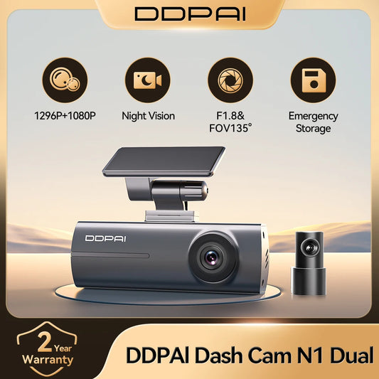 DDPAI N1 Dual – Dashcam Avant/Arrière 1296P, Vision Nocturne, App WiFi