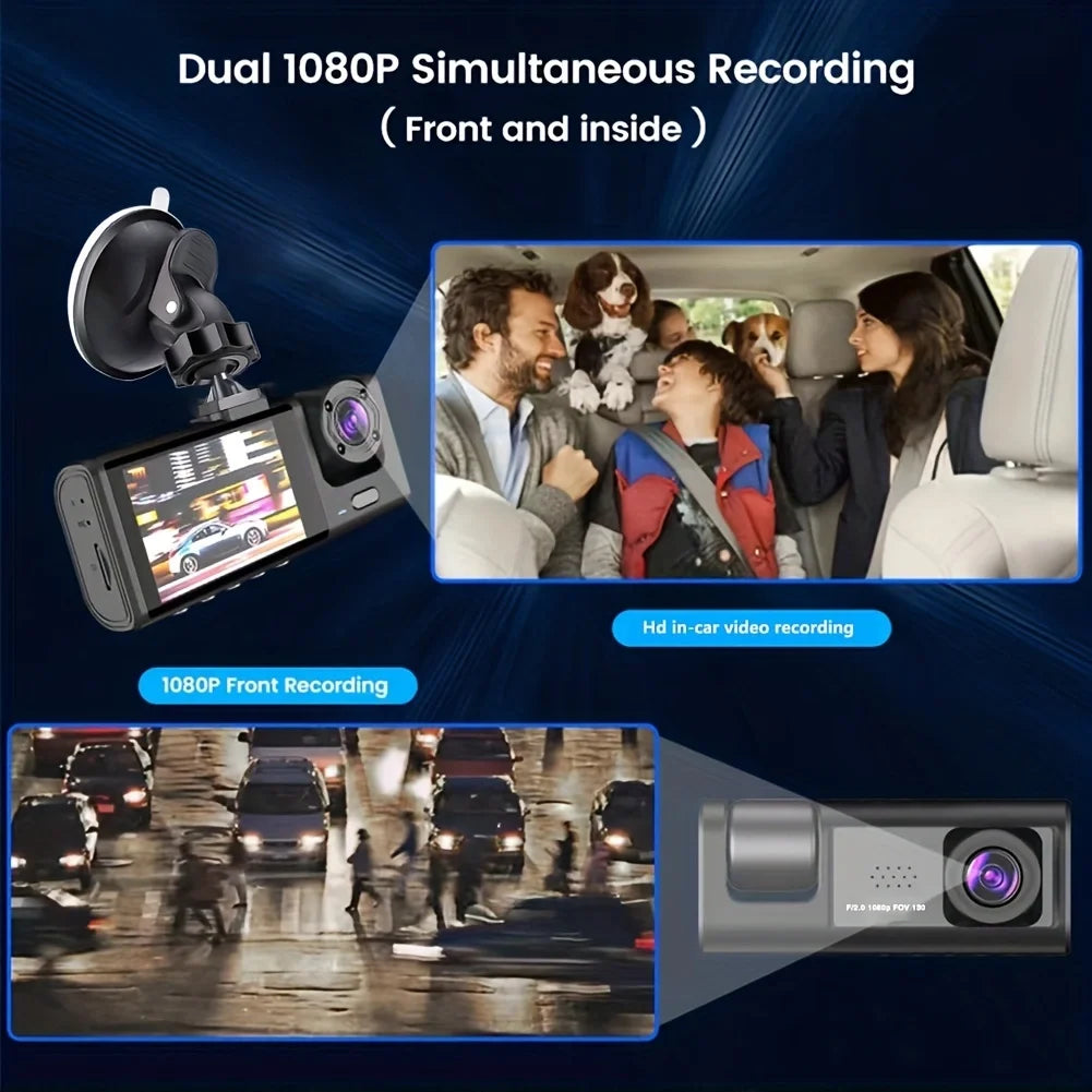 Dashcam 3 Caméras IR – Vision Nocturne, Écran IPS 2", 1080P, Enregistrement en Boucle