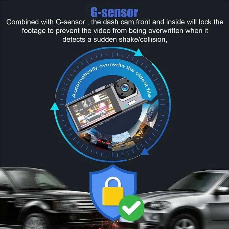 Dashcam 3 Caméras IR – Vision Nocturne, Écran IPS 2", 1080P, Enregistrement en Boucle