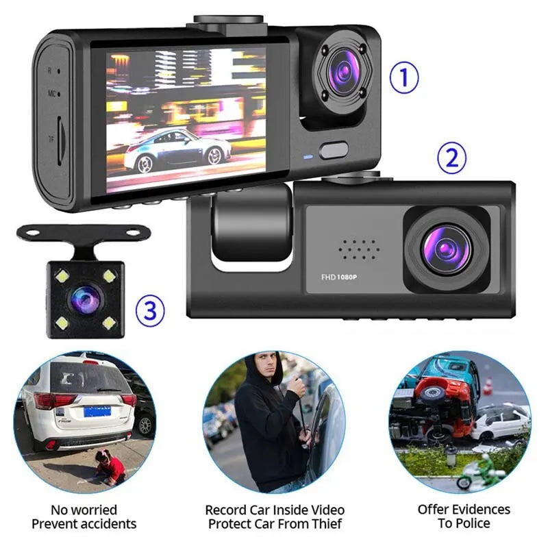 Dashcam 3 Caméras IR – Vision Nocturne, Écran IPS 2", 1080P, Enregistrement en Boucle